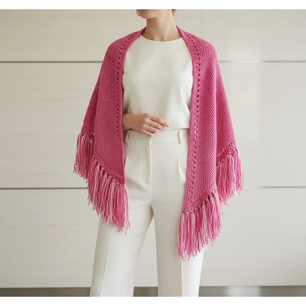 NEW Pink Hand Knitted Shawl Wrap Boho Fringe Cottage‎ Coquette Soft Girl Fairy